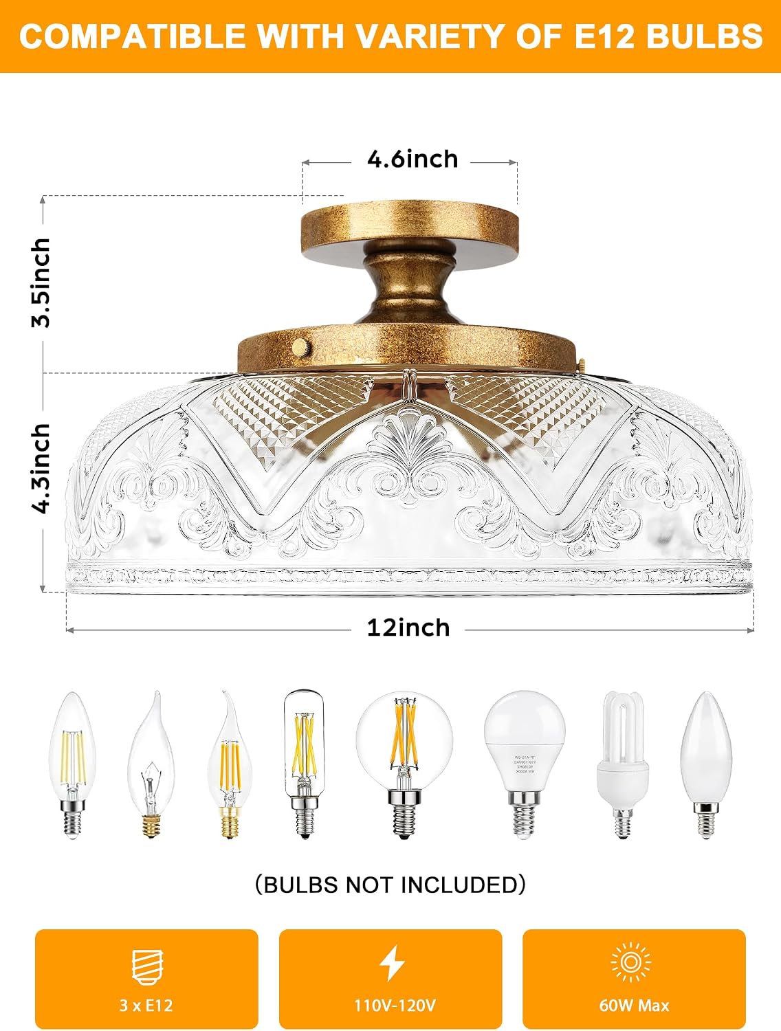 Lámpara techo cobre 12pulg 3 luces vidrio