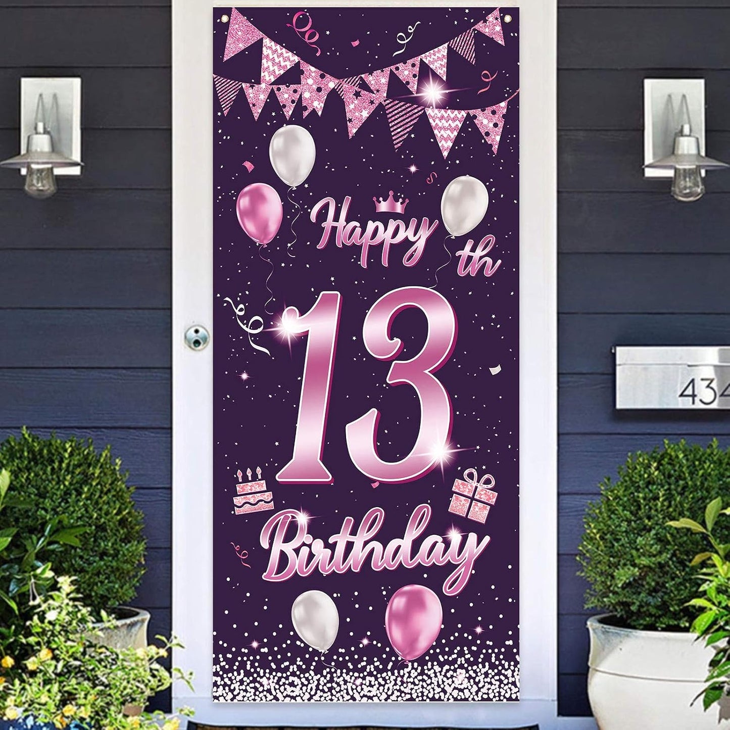 Cartel cumpleaños 13 años globos rosa morada decoración puerta
