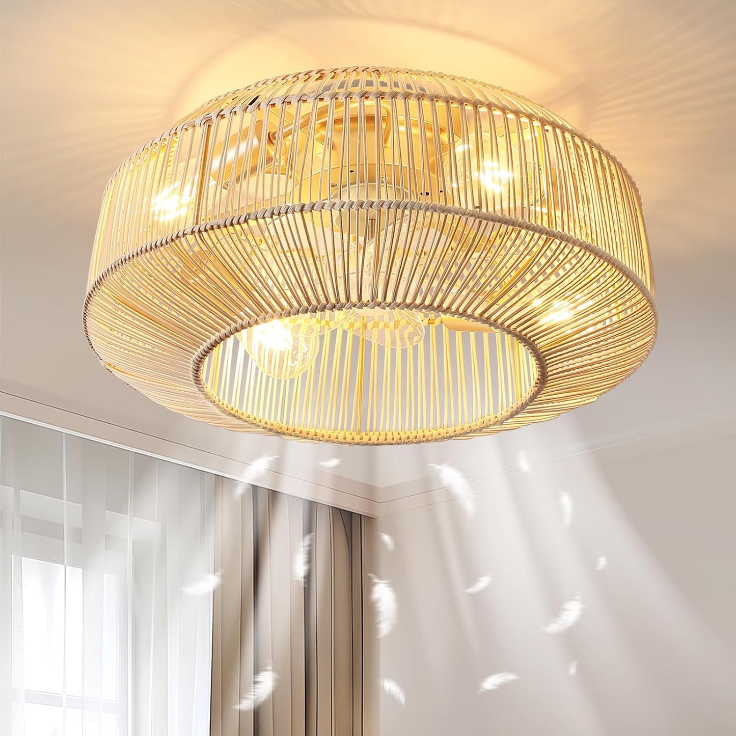 Ventilador techo Boho ratán luces 20pulg control remoto 6