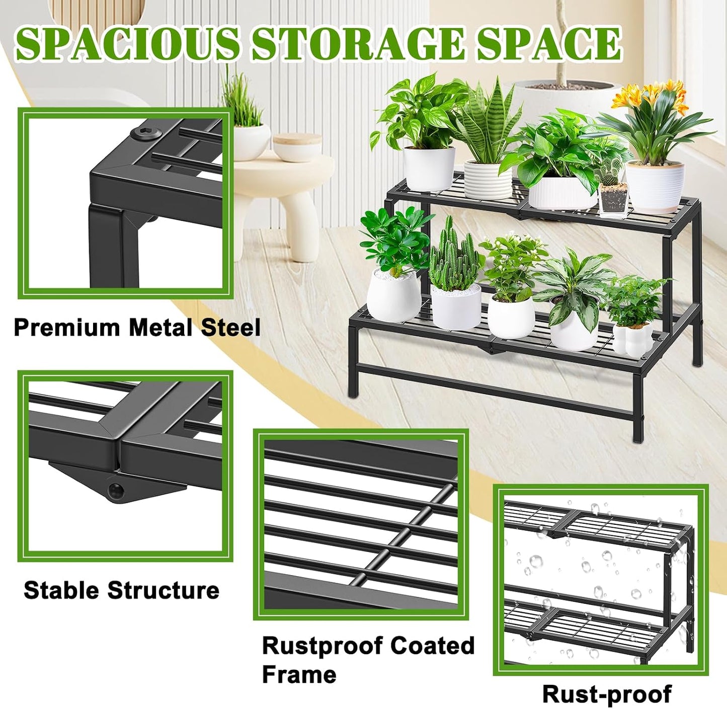 Soporte plantas 2 niveles metal negro para patio jardín