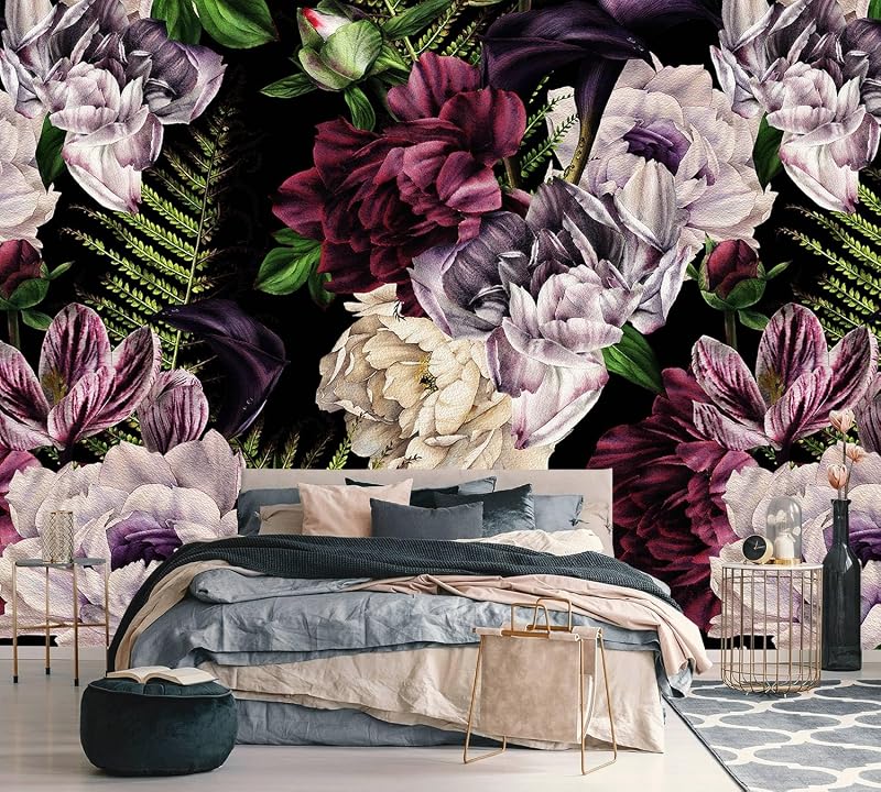 Papel pintado peonía morada mural dormitorio 159x107"