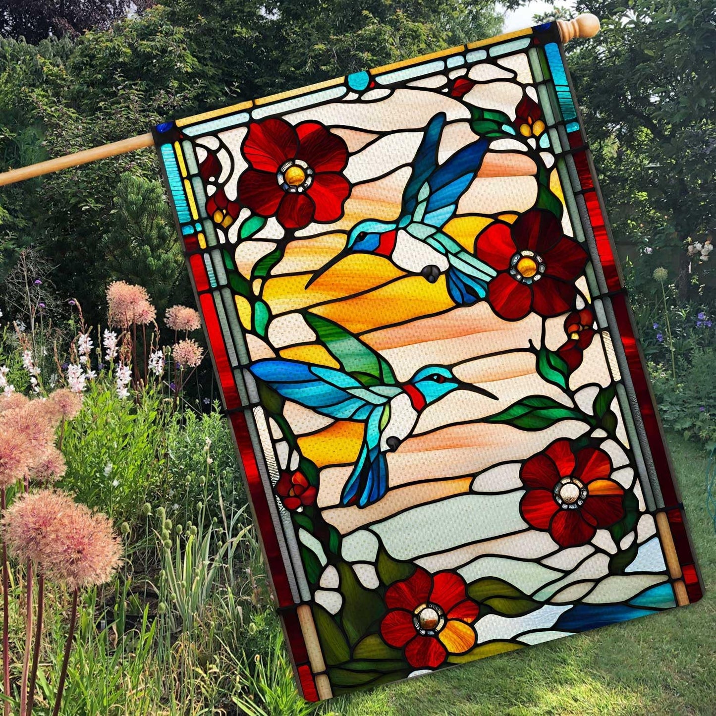 Bandera jardín colibrí estilo cristal 28x40"
