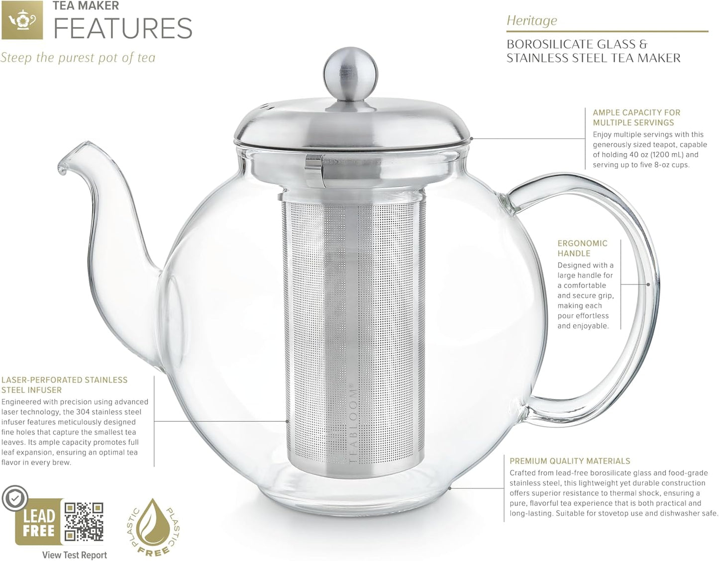 Tetera Vidrio Borosilicato 40oz Infusor Acero Inox Apta Estufa