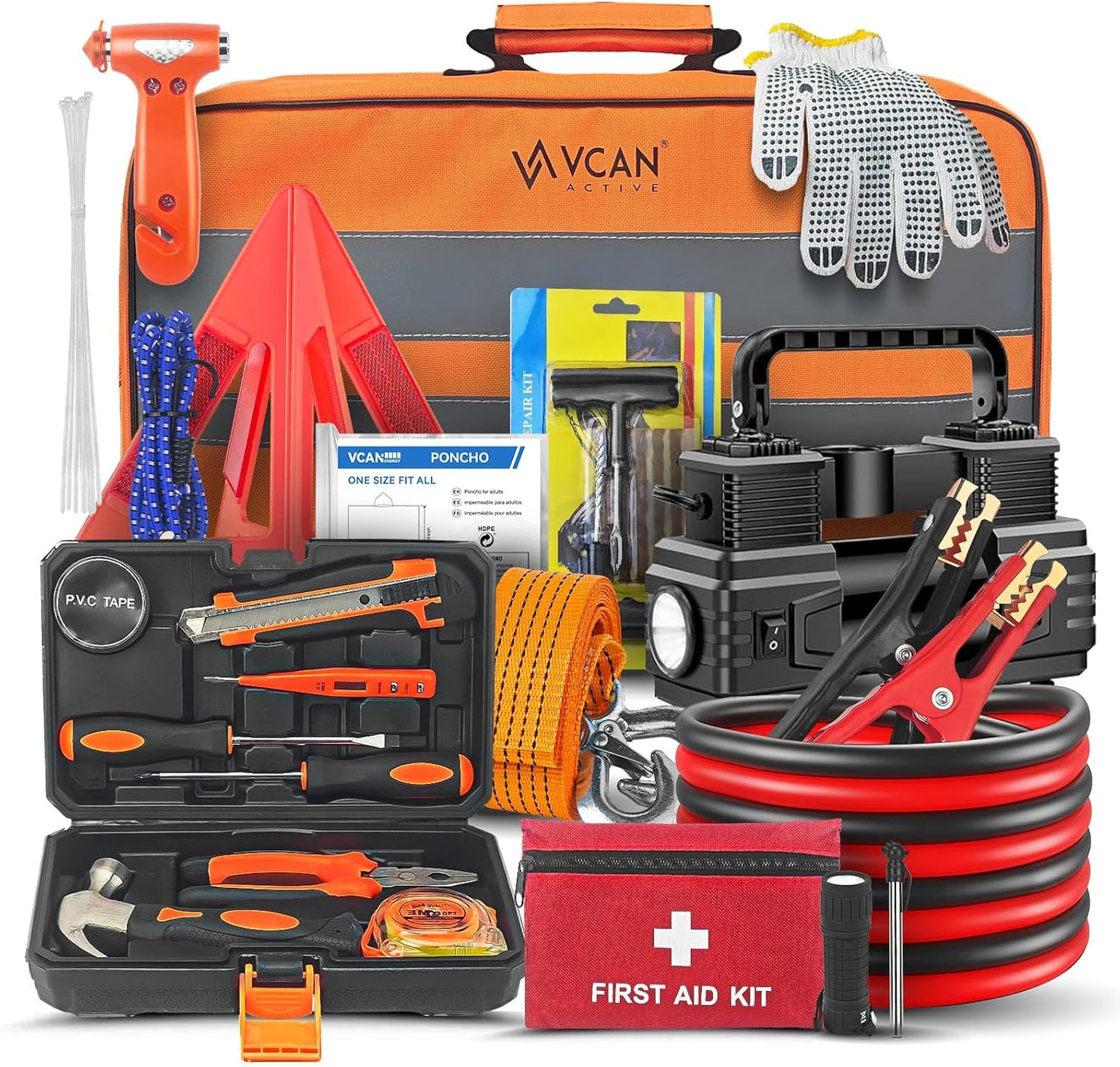Kit emergencia auto compresor aire cables puente