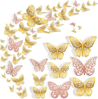 72 Pzas Decoración Pared Mariposa 3D Dorada y Oro Rosa Boda Fiesta