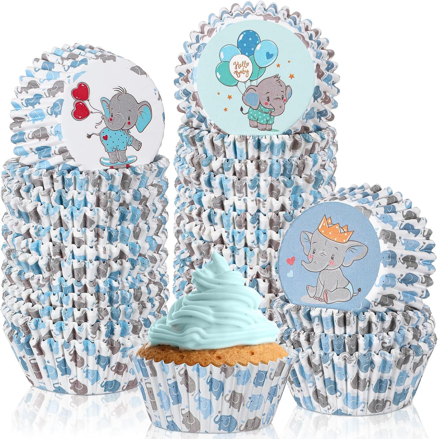 300 Pzas Forros Azules Cupcakes Baby Shower Elefante