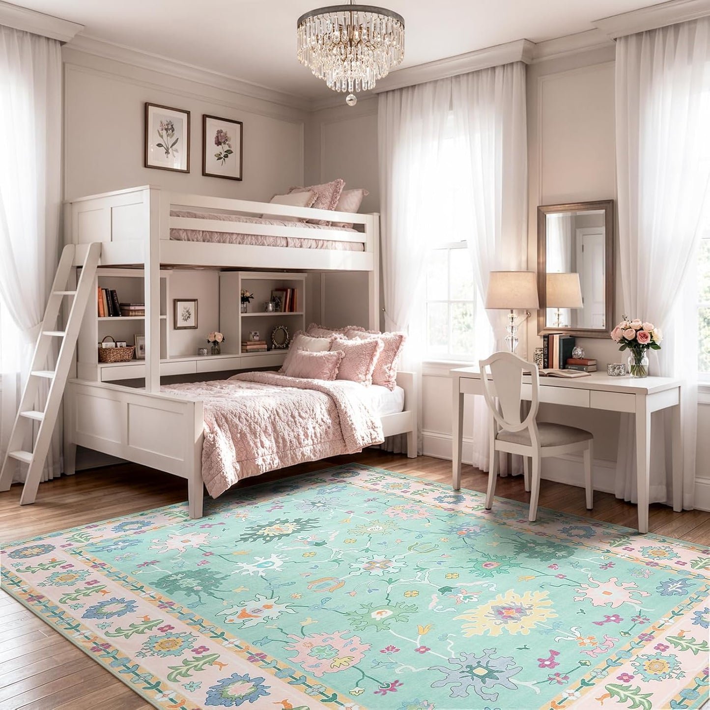 Alfombra Oushak rosa boho 8x10ft dormitorio sala antiderrap