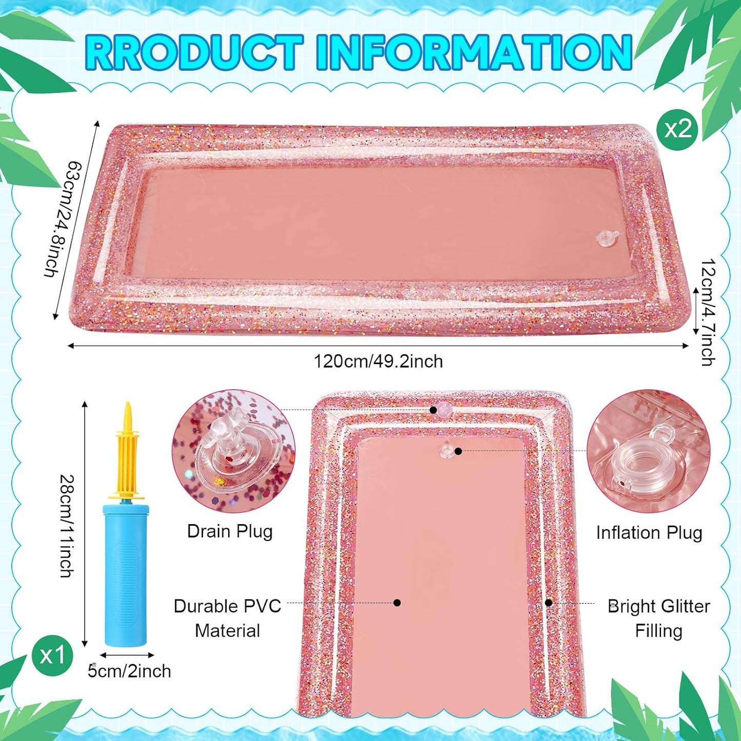 Kit 8 barras inflables oro rosa con purpurina y inflador