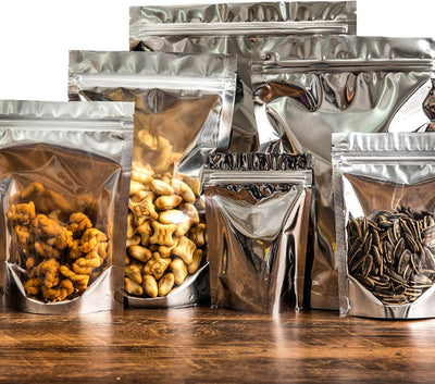 100 Bolsas Mylar 6x9" Aluminio Plateado Resellables Alimento