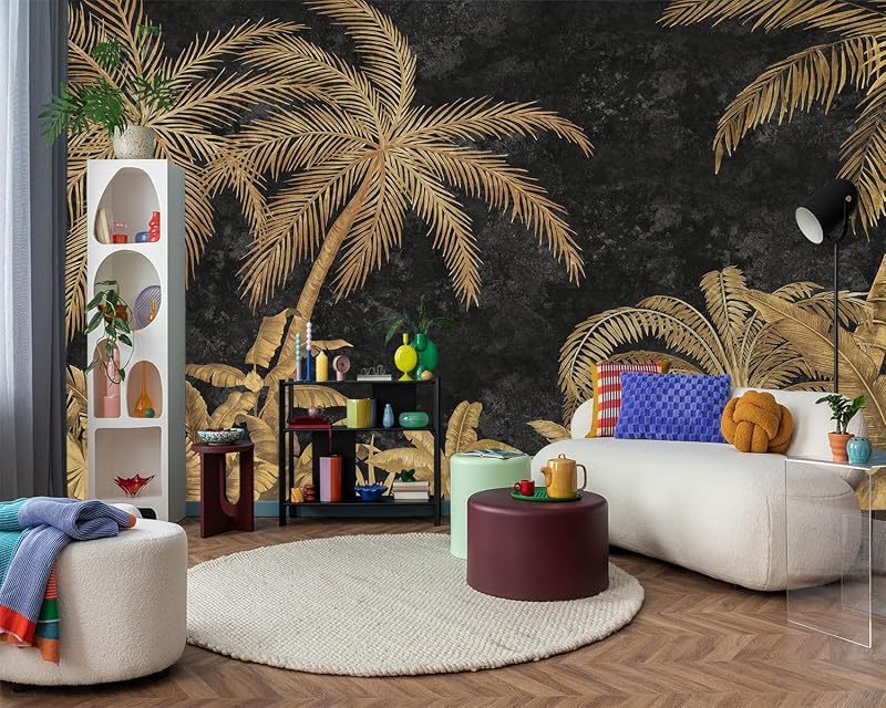 Papel tapiz tela palmeras doradas diseño tropical 137x96"