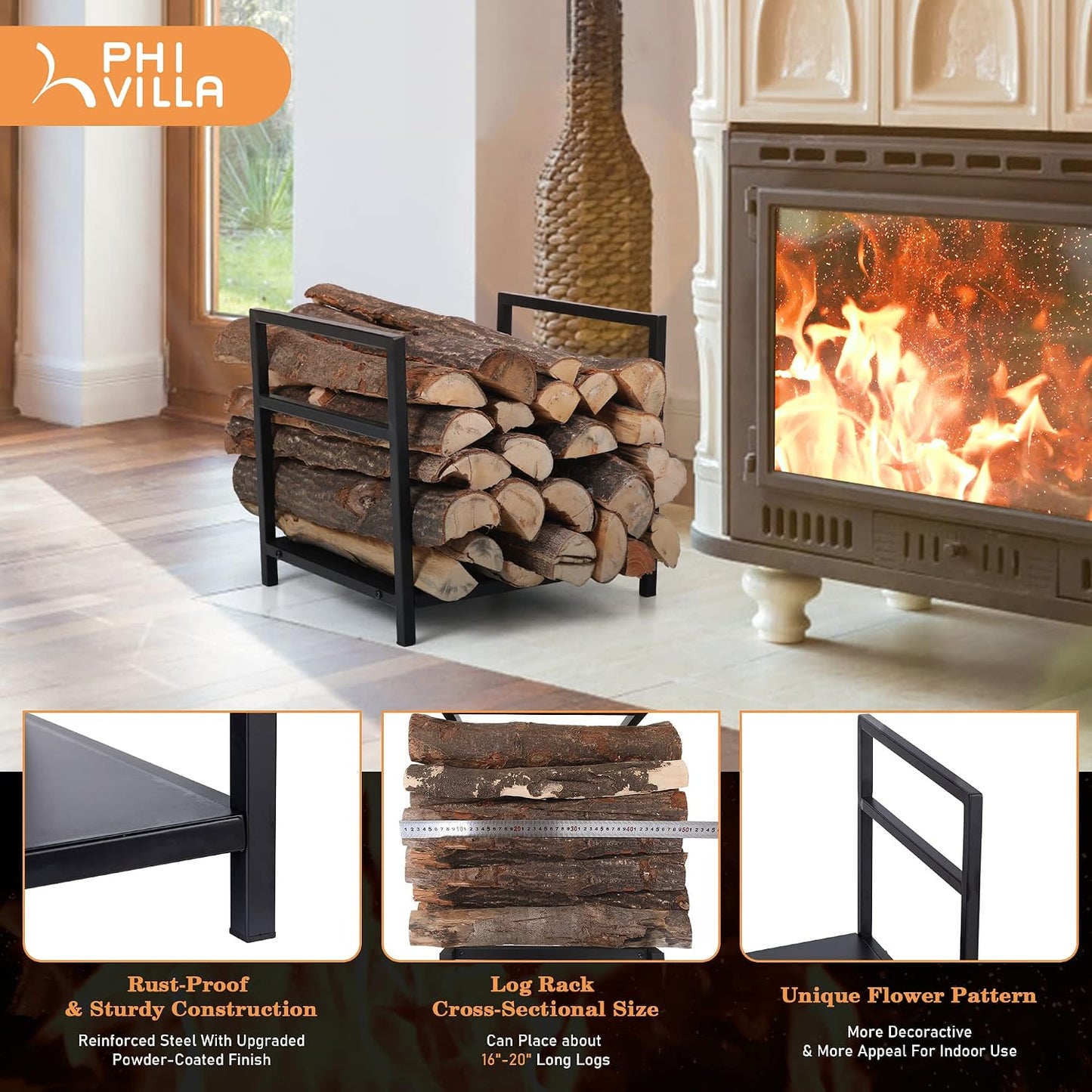 Bastidor leña 17pulg acero soporte estufa negro