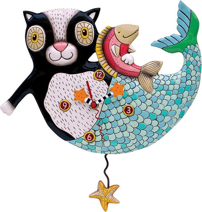 Reloj pared péndulo sirena y gato con pez 12.5pulg