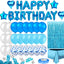 Letrero Feliz Cumpleaños cortina rosa mantel globos confeti azul