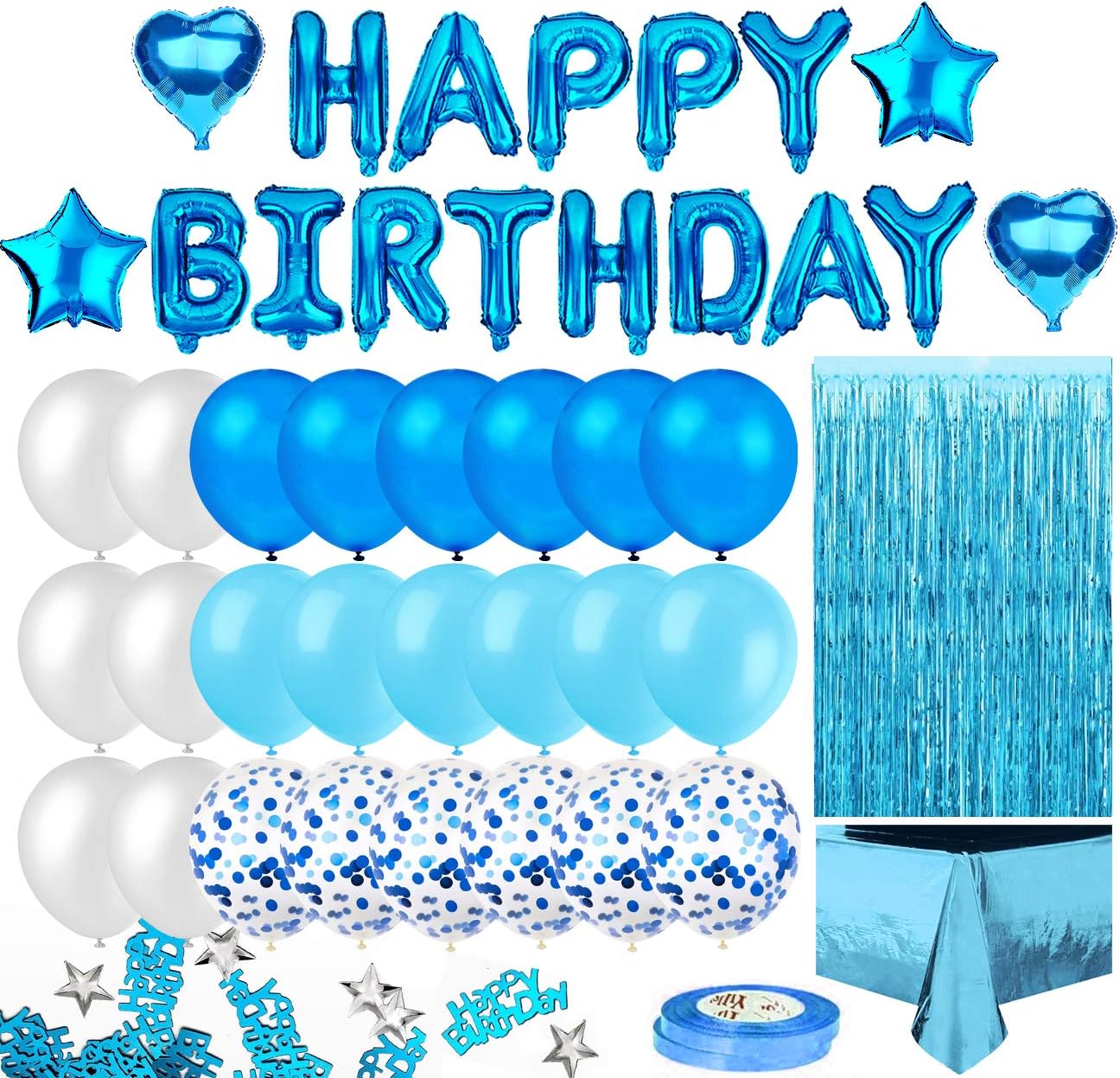 Letrero Feliz Cumpleaños cortina rosa mantel globos confeti azul