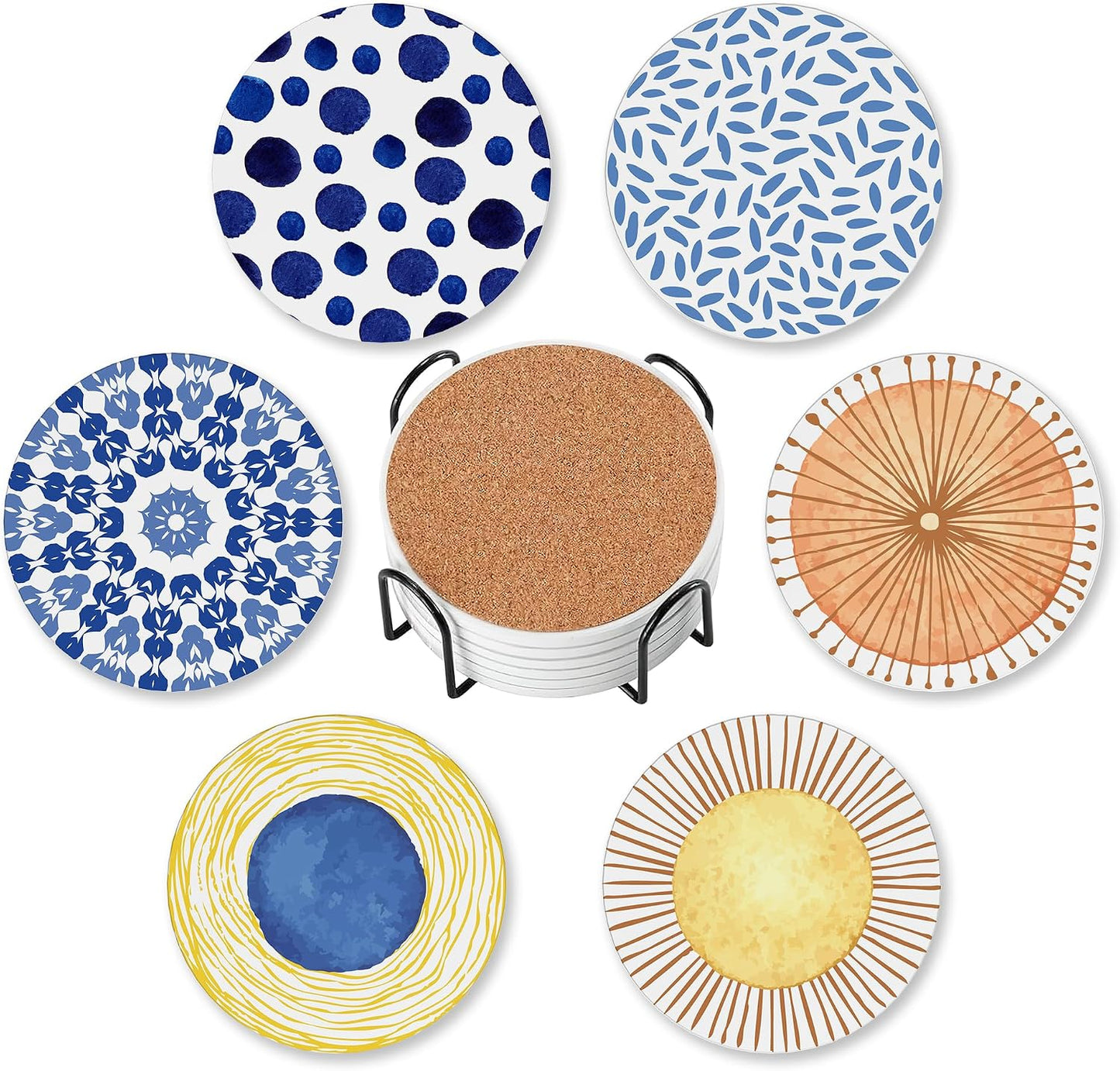 6 Pzas Posavasos Cerámica Serie Acuarela Azul con Base Corcho