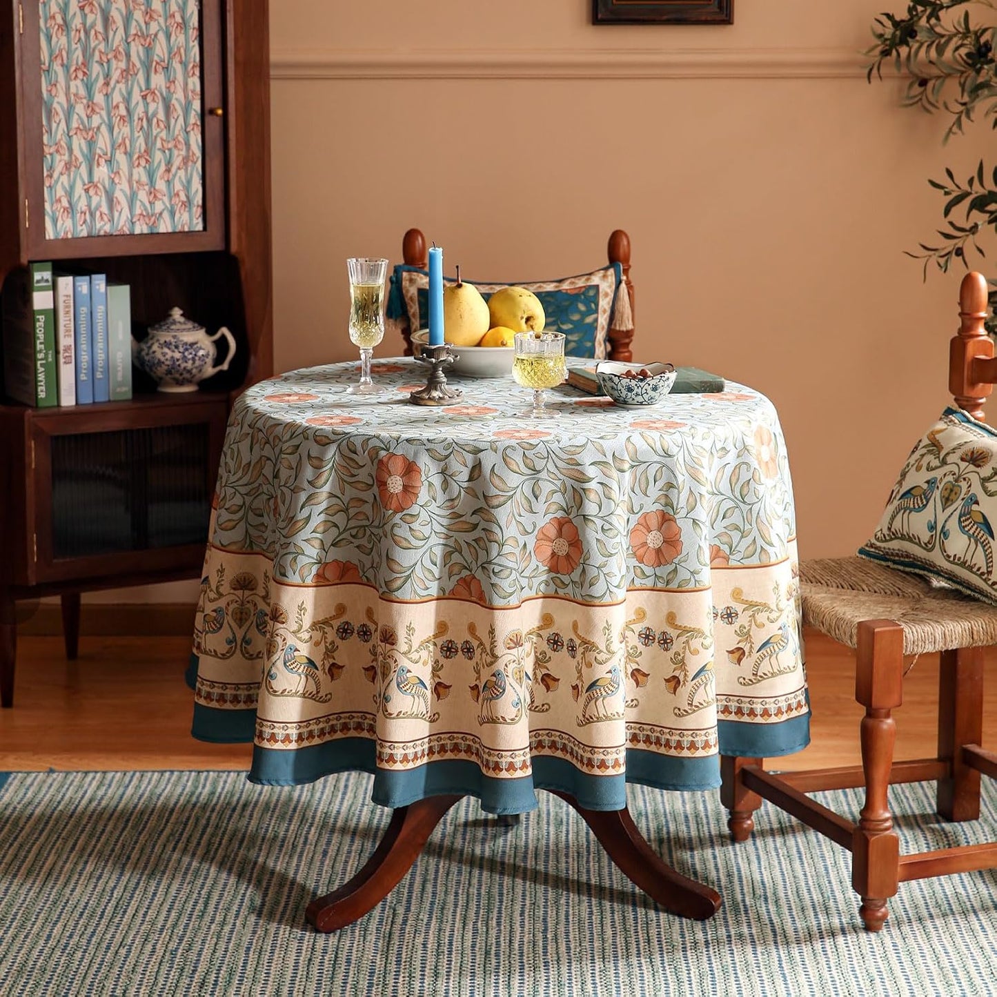 Mantel redondo lino francés azul diseño floral vintage