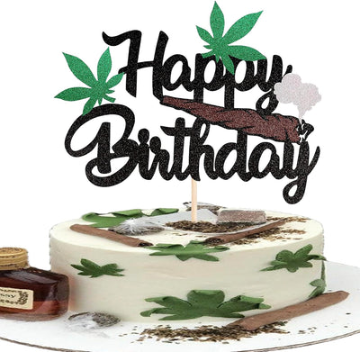 Decoración pastel feliz cumpleaños 420 con purpurina