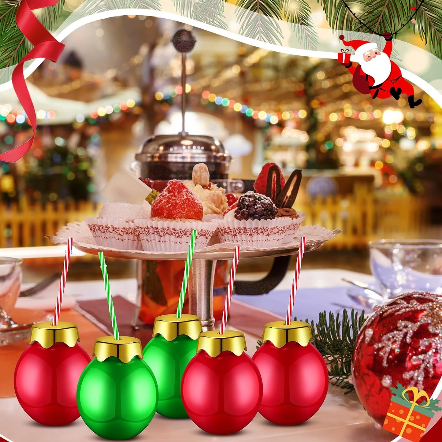 24 Vasos Navidad Plástico 12oz con Tapas y Pajitas