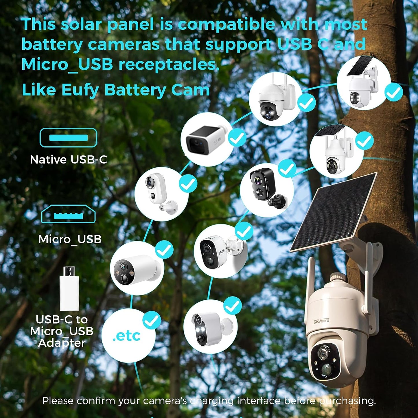 Paneles solares 5V para cámaras seguridad 9.8pulg comp USB C