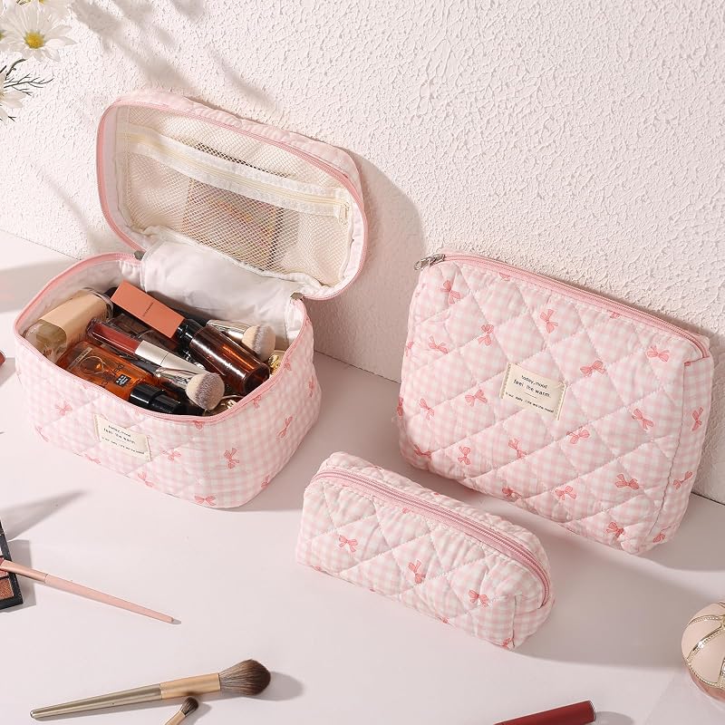 Set 3 Pzas Bolsa Maquillaje Algodón Floral Rosa