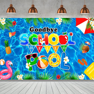 Cartel Goodbye School Hello Pool 73x43pulg decoración fin de año