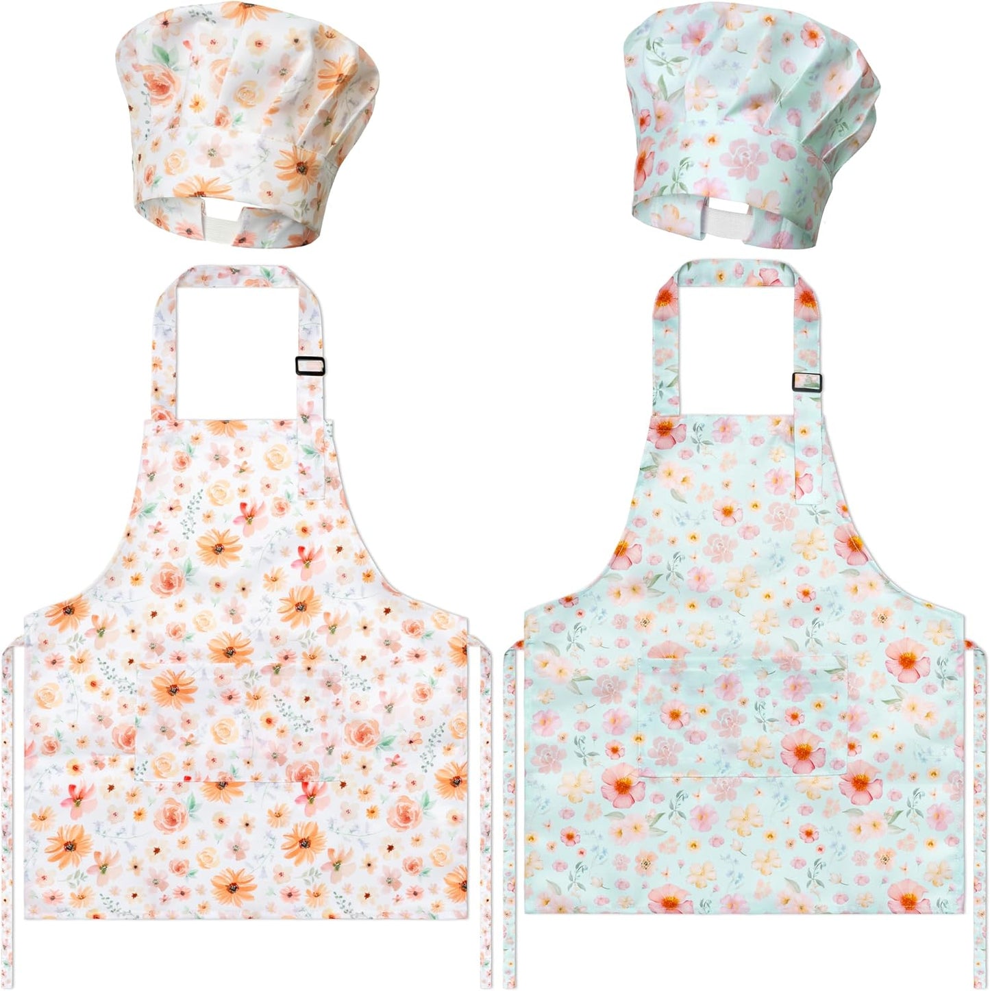 Set 4 Delantales Infantil con Gorro Chef Estampado Floral Ajustable