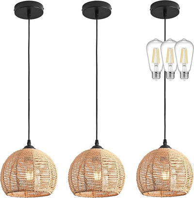 3 Luces Colgantes Mimbre Boho Cúpula Rústica Comedor