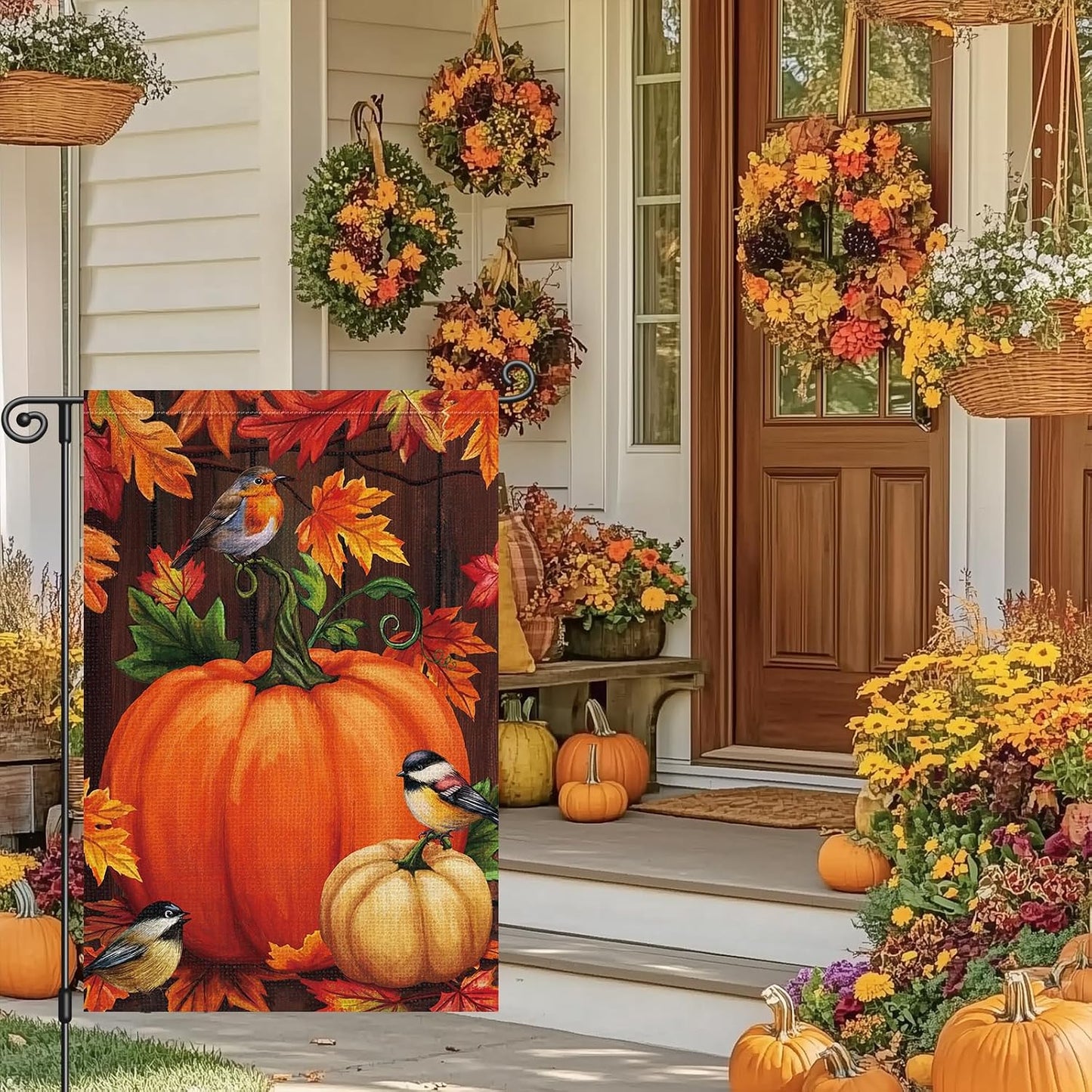 Bandera jardín otoño 12x18pulg doble cara calabaza pájaros
