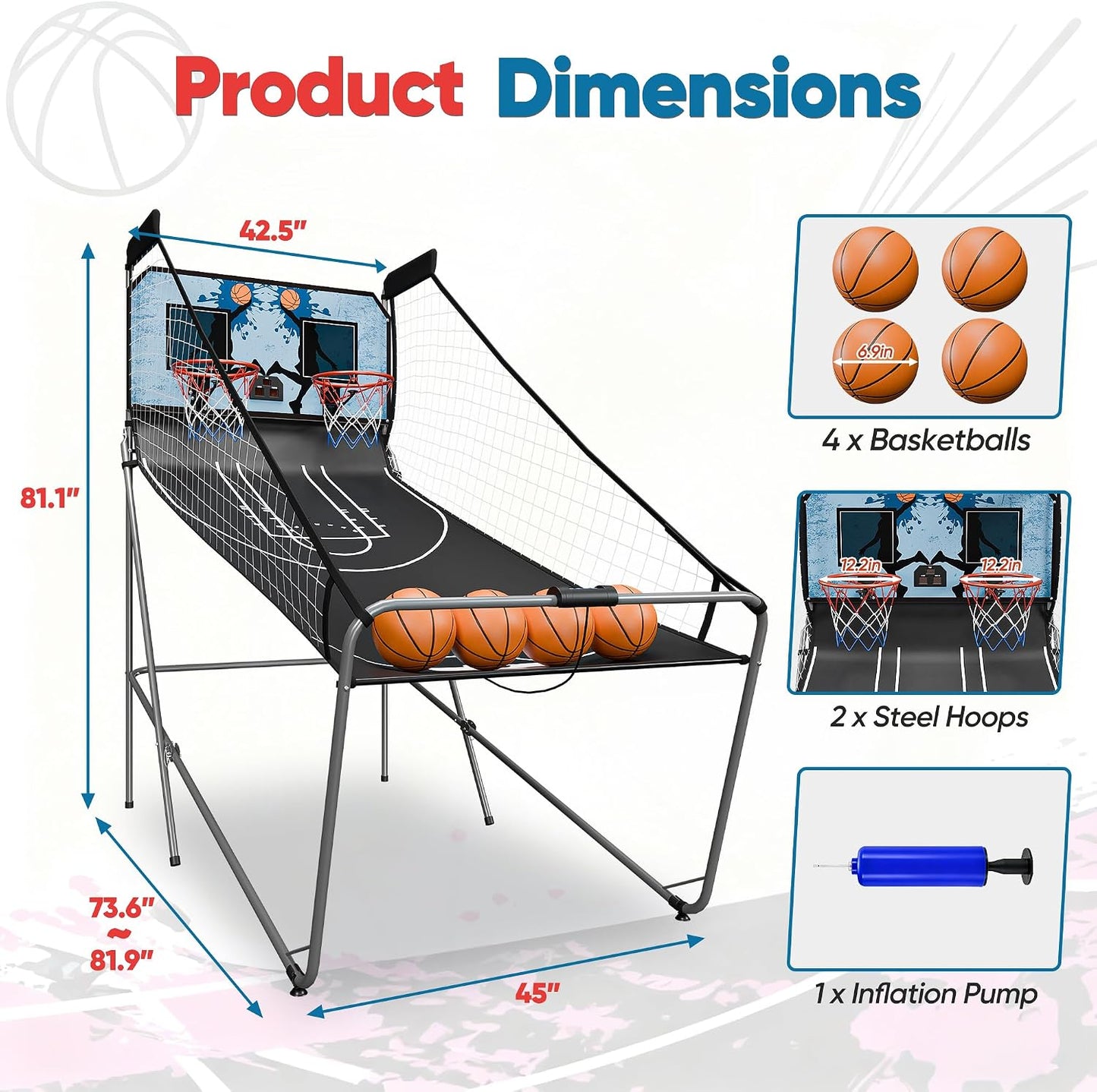Set Arcade Baloncesto Plegable con 4 Pelotas y Puntuación