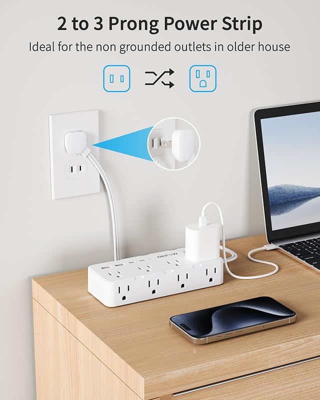 Regleta 2 clavijas con 8 puertos CA y 4 USB 2USB C 5 ft