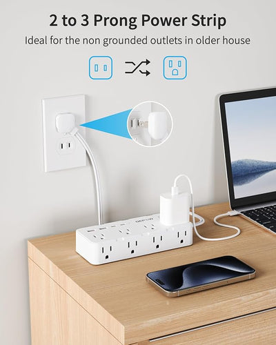 Regleta 2 clavijas con 8 puertos CA y 4 USB 2USB C 5 ft