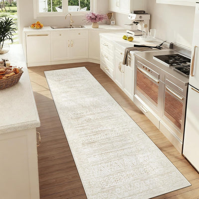 Alfombra pasillo 2x8pulg geométrica bohemia antideslizante beige