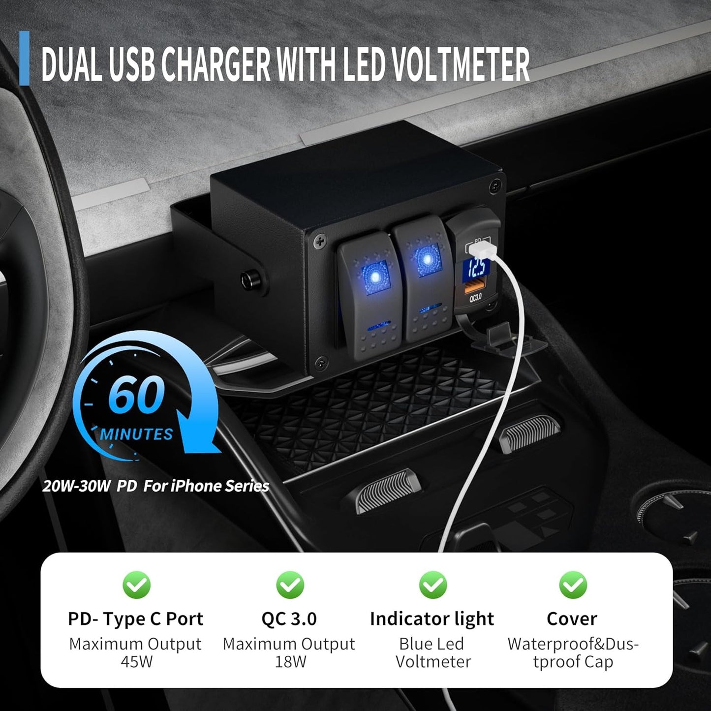 Caja interruptor basculante 12V con USB PD y QC