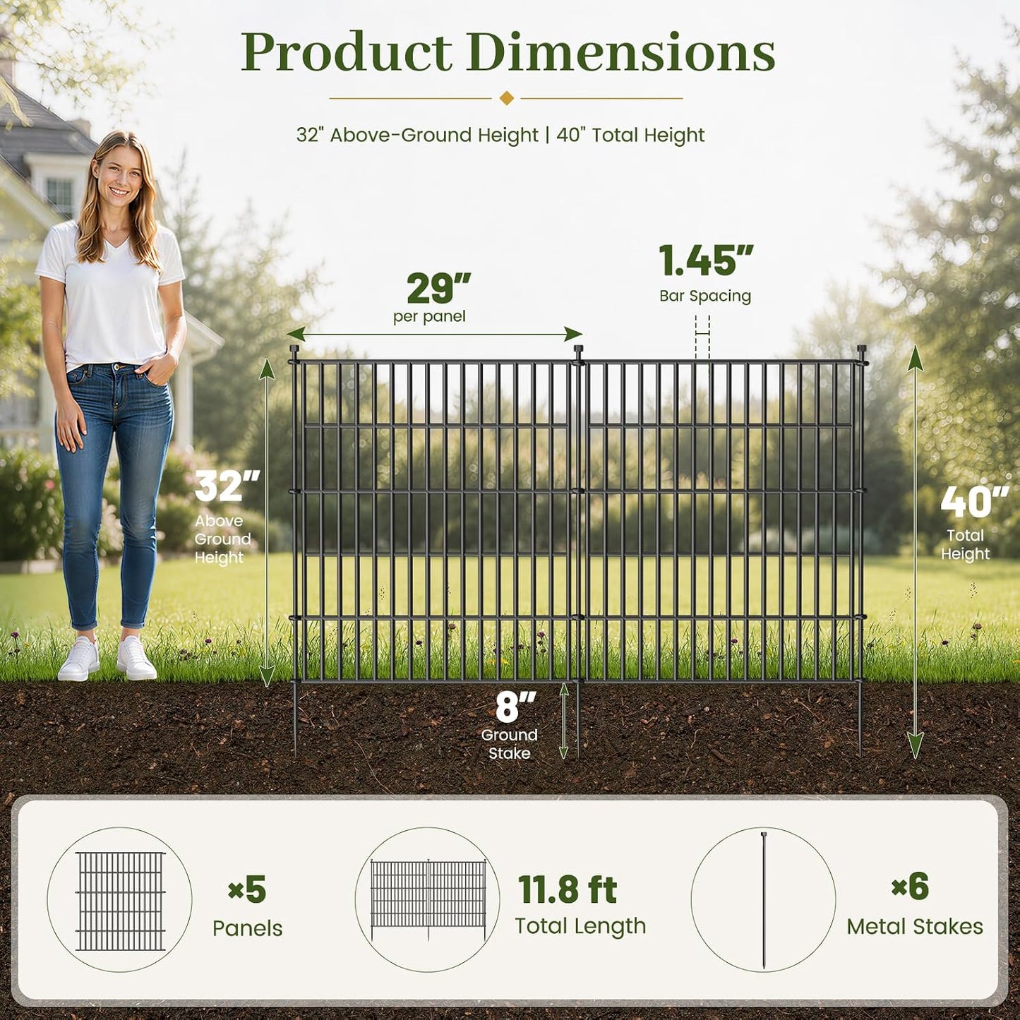 Valla jardín sin excavar 5 paneles 32pulg x 11.8ft metálica