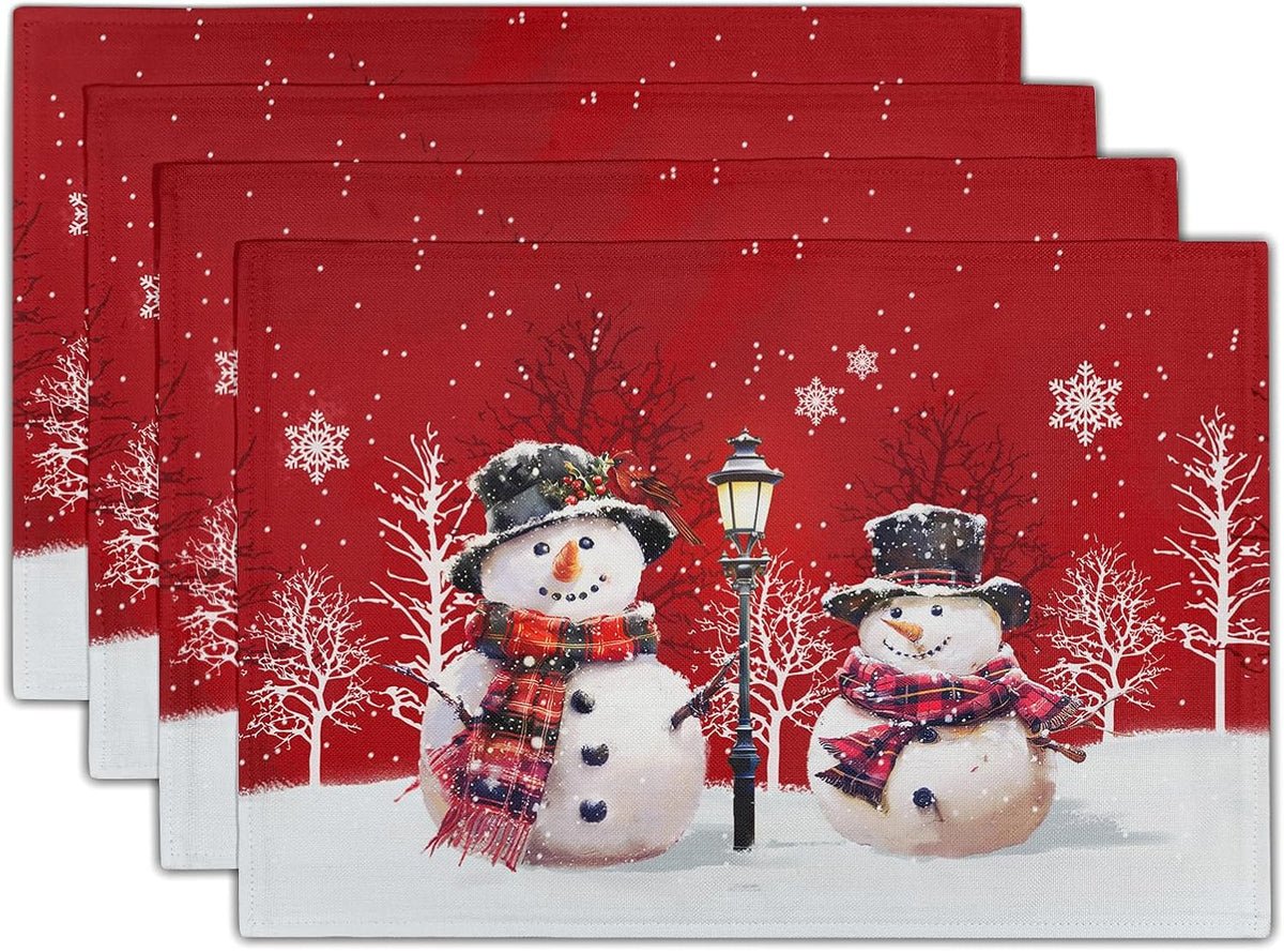 4 Manteles Lino Rojos con Muñeco Navidad 12x18pulg