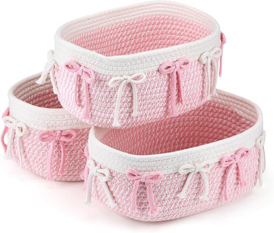 3 Cestas Lazo Rosa Cuerda Trenzada Organiz. Estante