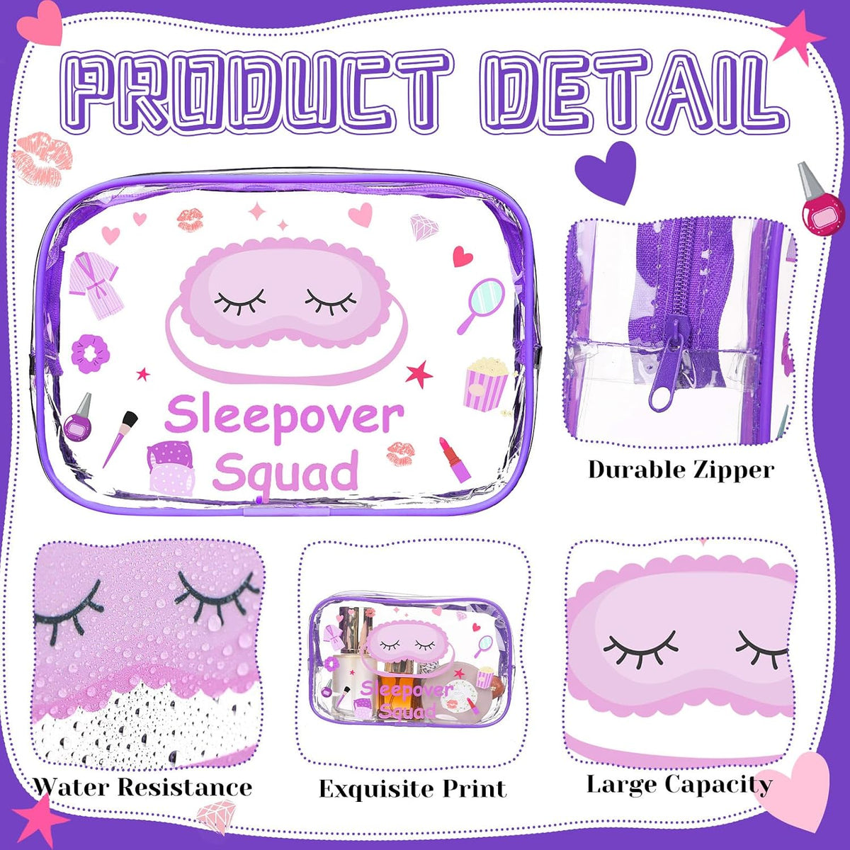 8 Bolsas Maquillaje Pijama Fiesta Spa Impermeables Morado