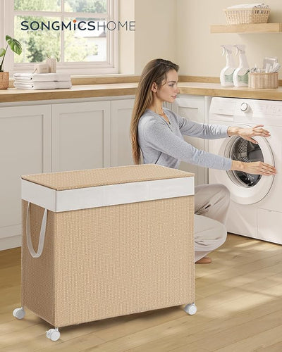 Canasta ropa sucia 140L con 3 secciones ratán tapa beige