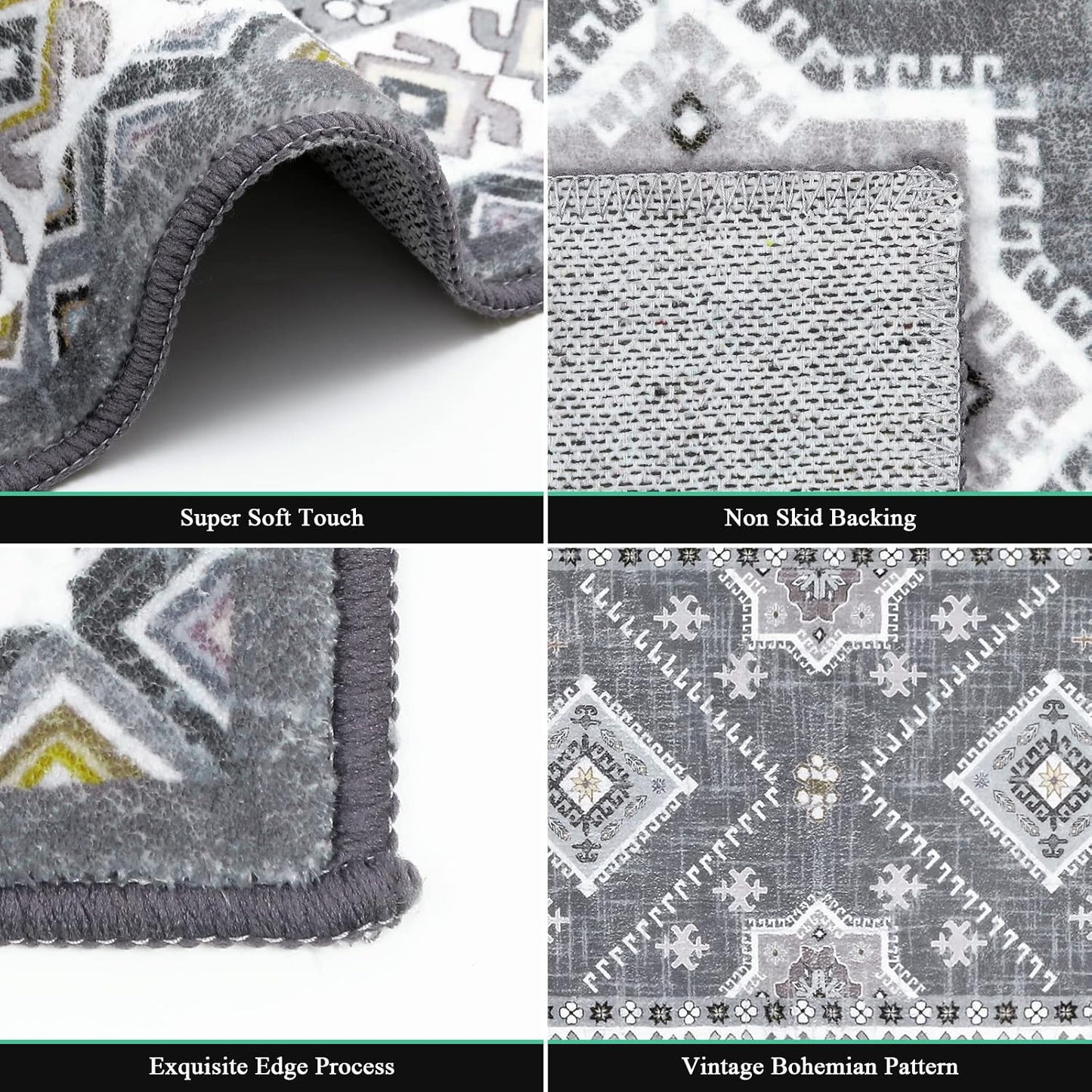 Alfombra pasillo 2x10ft antiderrap estilo bohemio gris