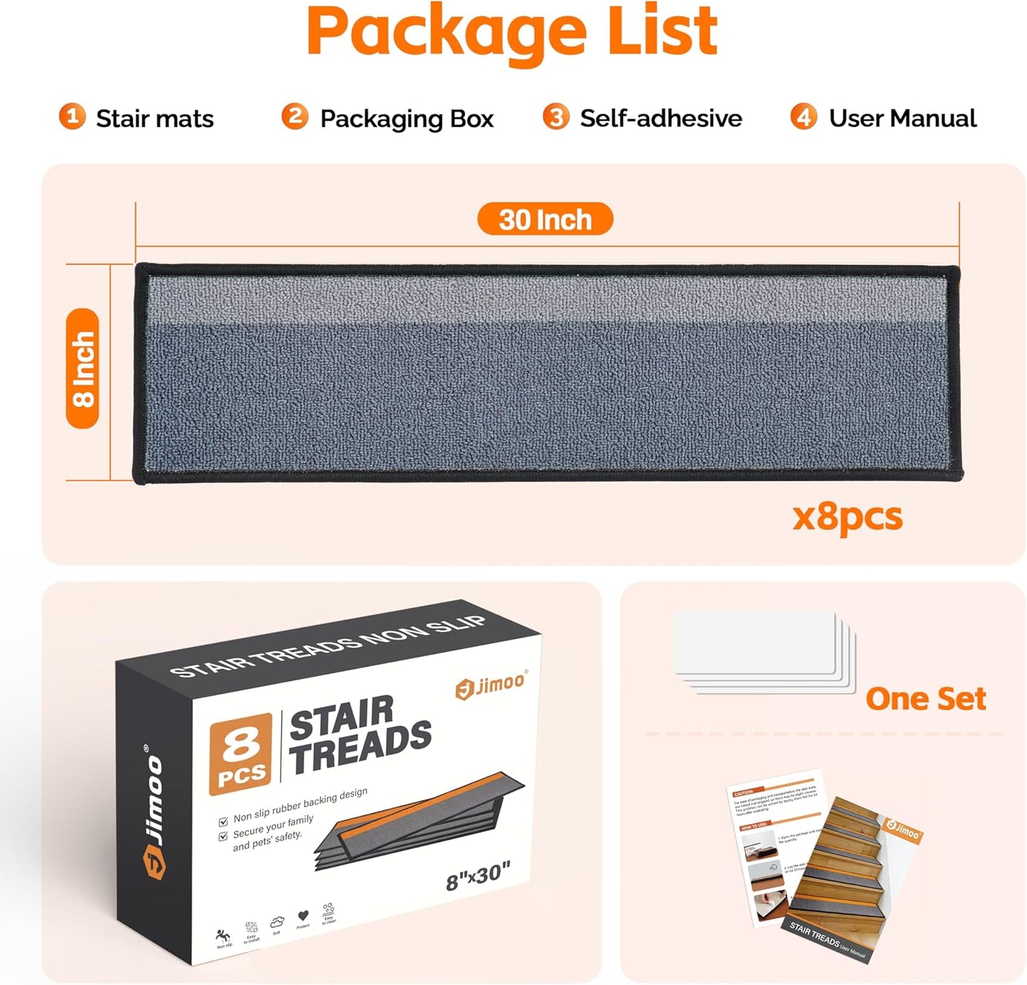 Alfombra antiderrap para peldaños madera 8x30pulg gris