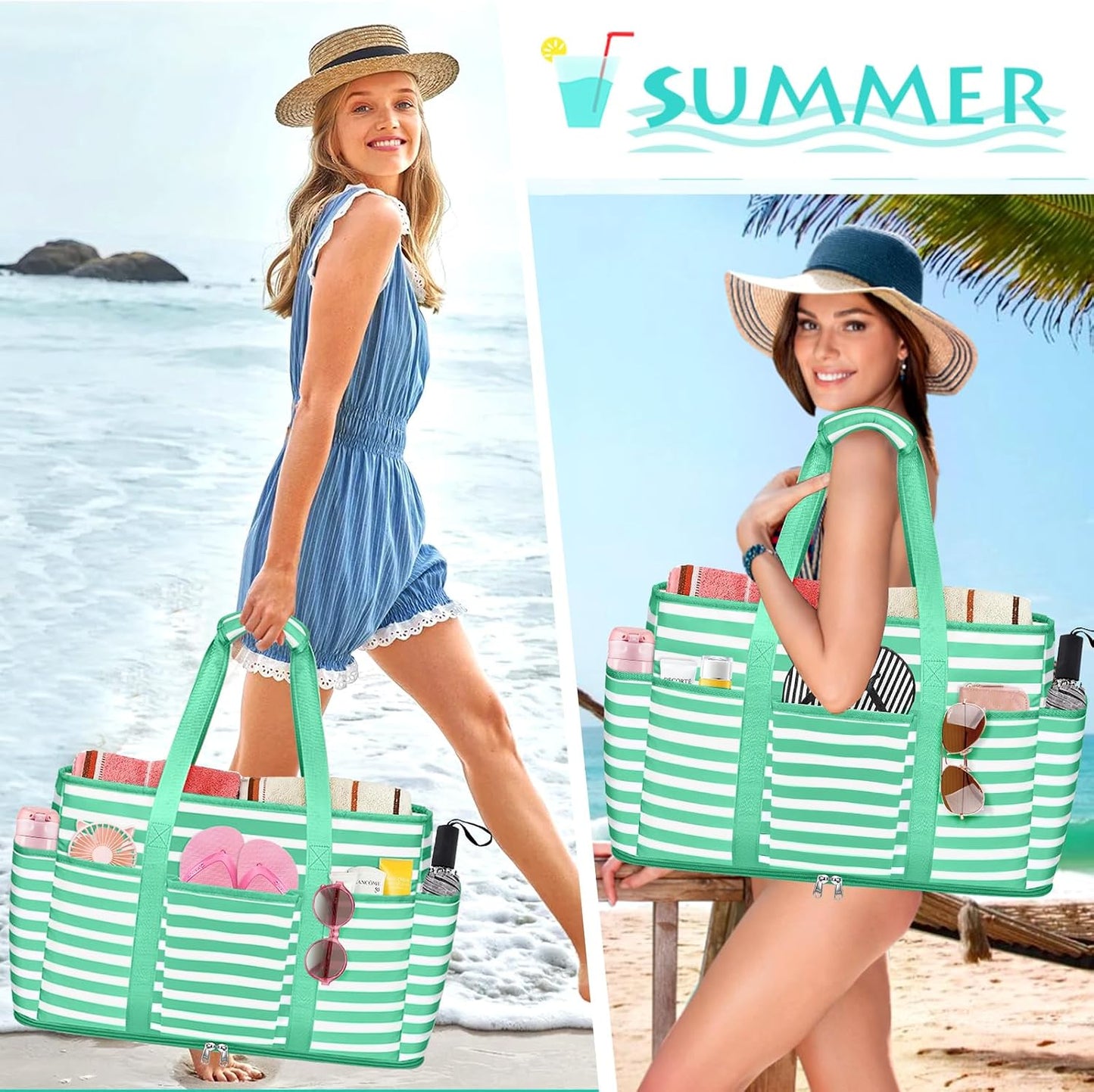 Bolsa playa mujer 12 bolsillos impermeable a prueba de arena