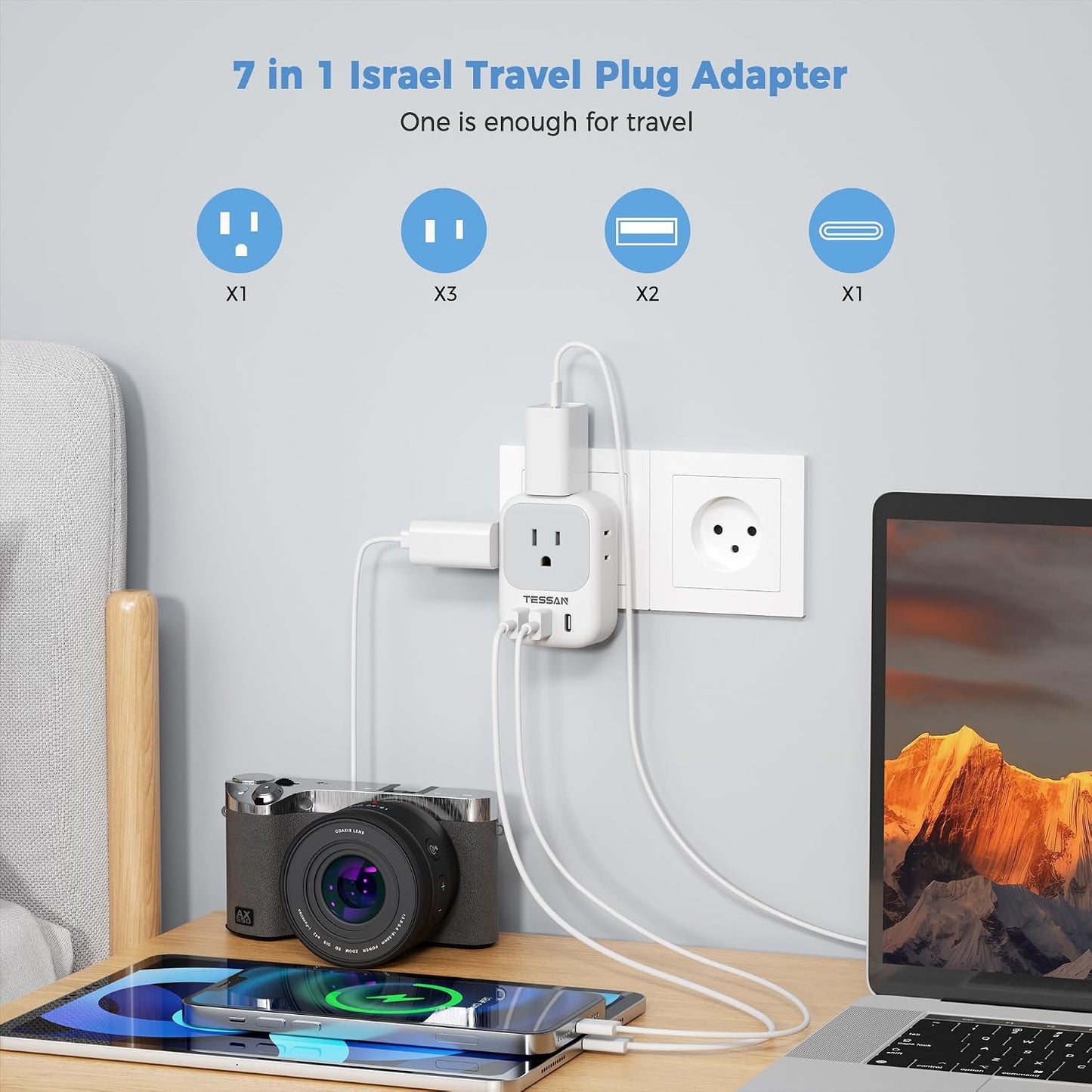 Adaptador corriente EE.UU. a Israel con 4 tomas y 3 USB