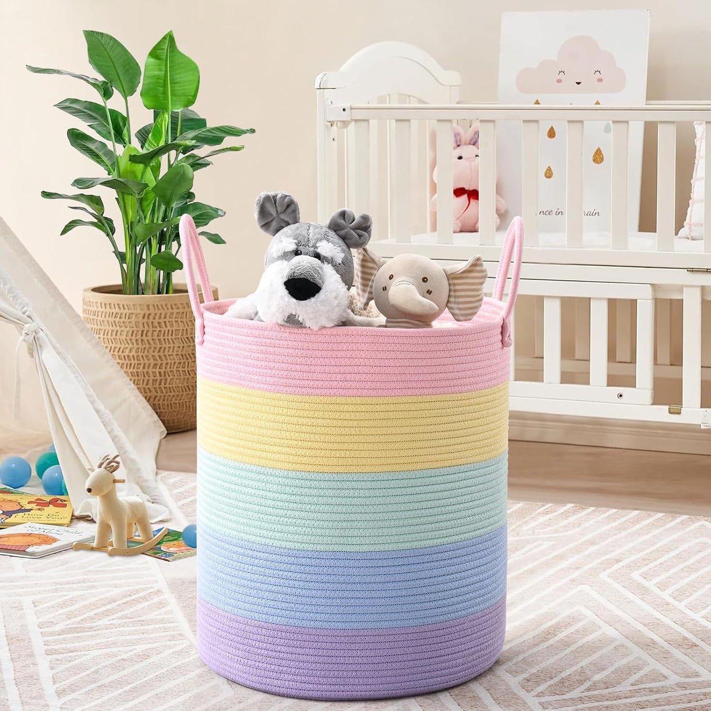 Cesta lavandería tejida algodón 52L plegable 15x18pulg arcoíris