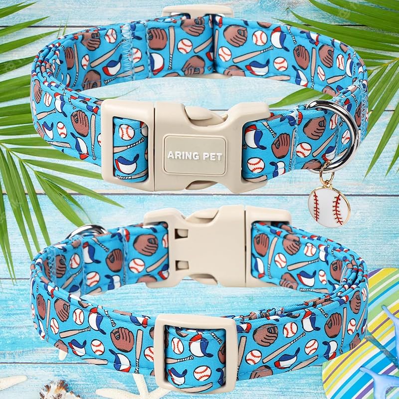 Collar perro béisbol azul con hebilla rápida para cachorros