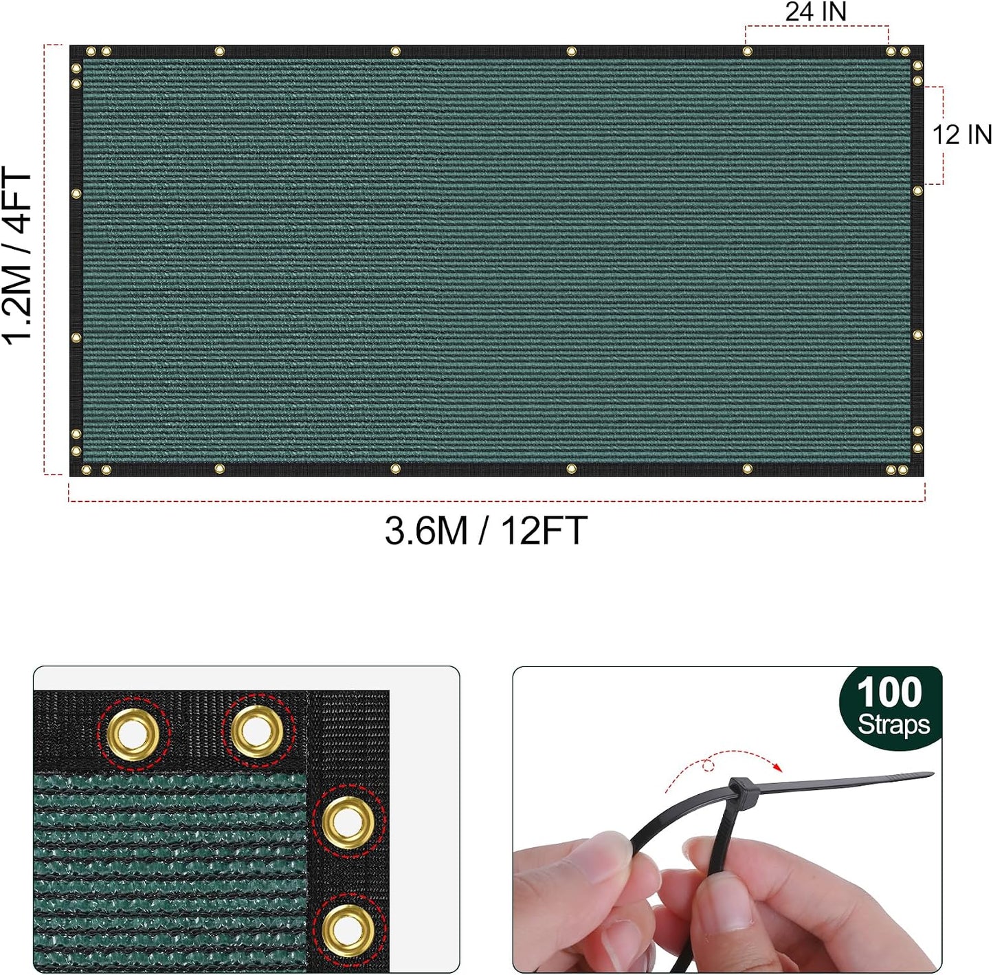 Valla privacidad 4x12ft malla verde 100 correas reforzadas