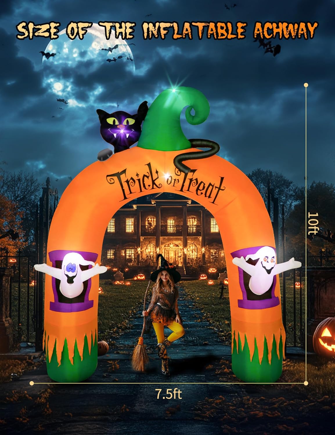 Arco inflable Halloween con luces LED 3m fantasma gato negro
