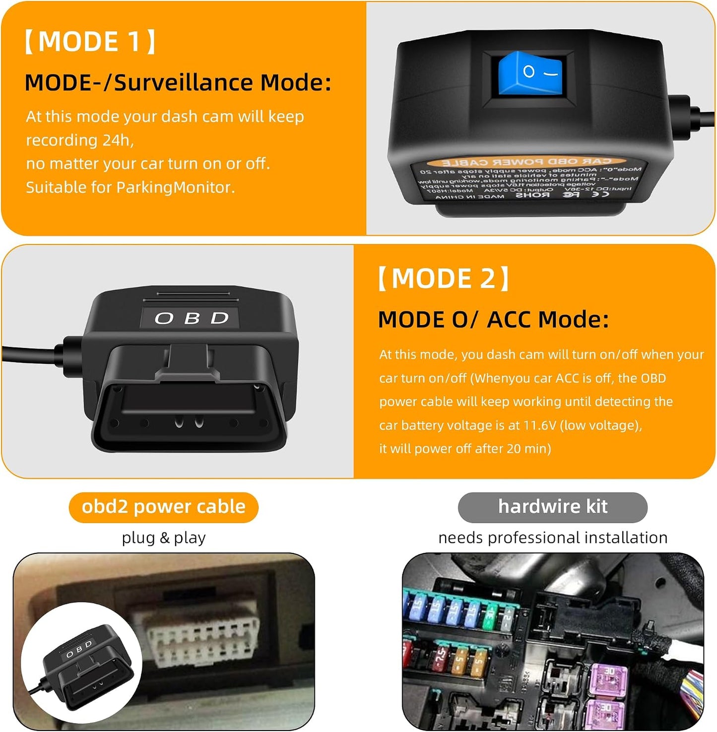 Cable OBD2 con USB C para cámara salpicadero 11.5"