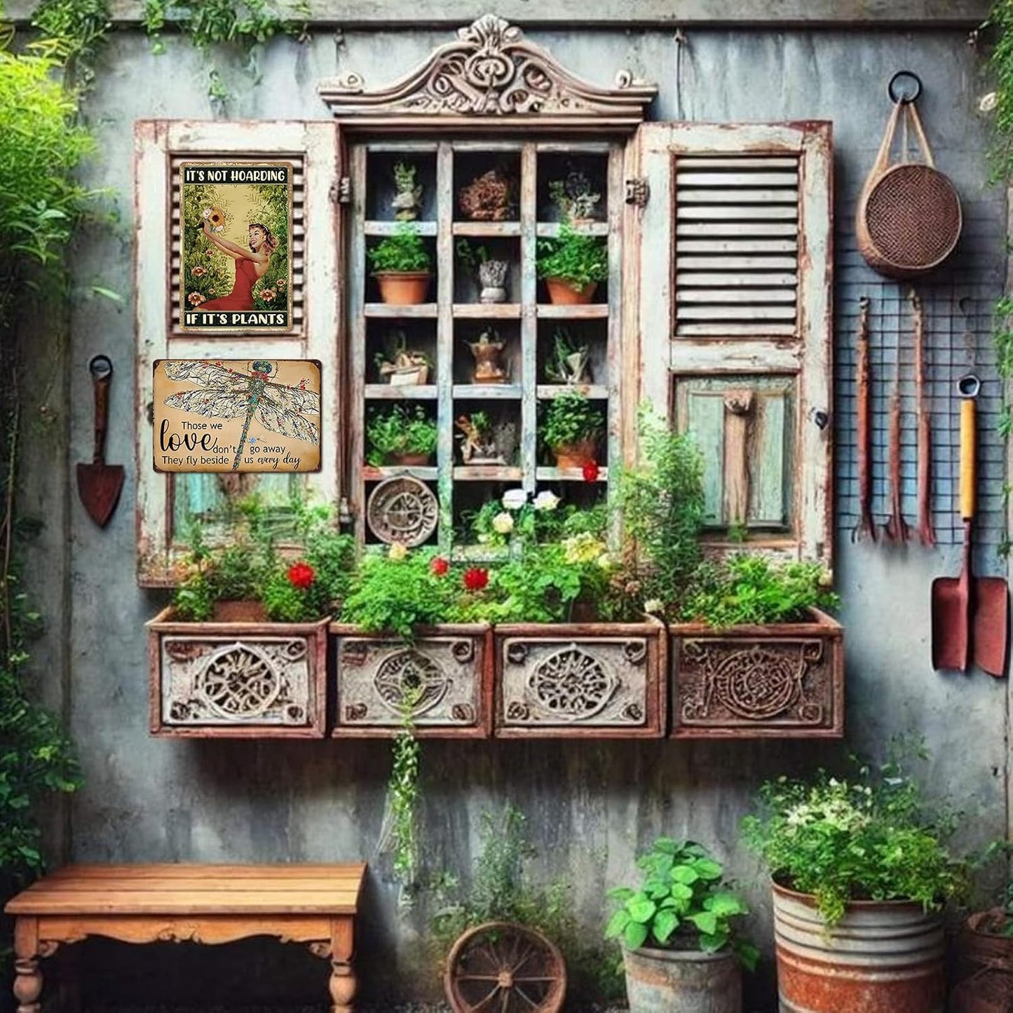 Letrero metal libélula vintage para jardín y patio