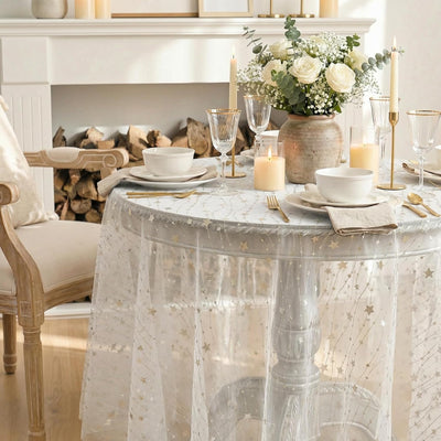 Mantel gasa estrellas blancas 60x60pulg lentejuelas plateadas