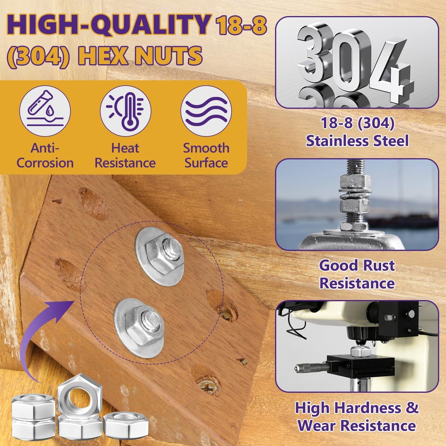 Set 10 Tuercas Hex 1/2-13 Acero Inox para Muebles